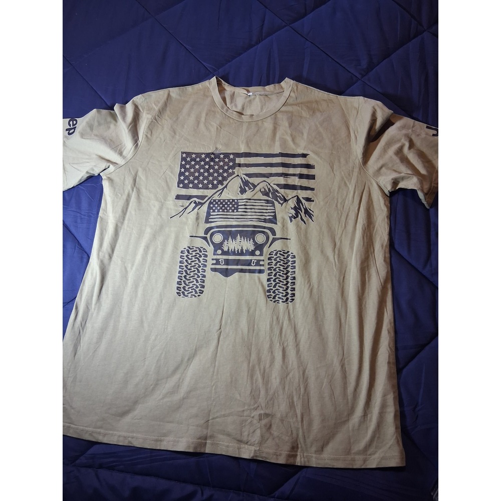 Jeep Mens Graphic T-Shirt Tan Khaki American Flag Mountain Off-Road Size 2XL
